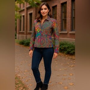 Chico’s Quilted Art Jacket Size 0 Vibrant Sequin Embellished Cotton Zip